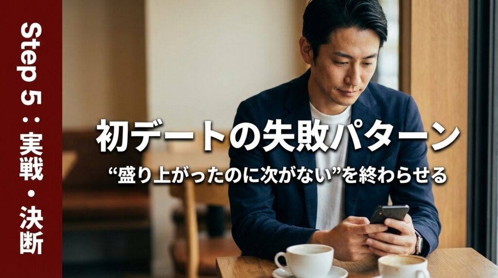 マッチングアプリの初デートで失敗パターンに気づかず悩む男性のイメージ